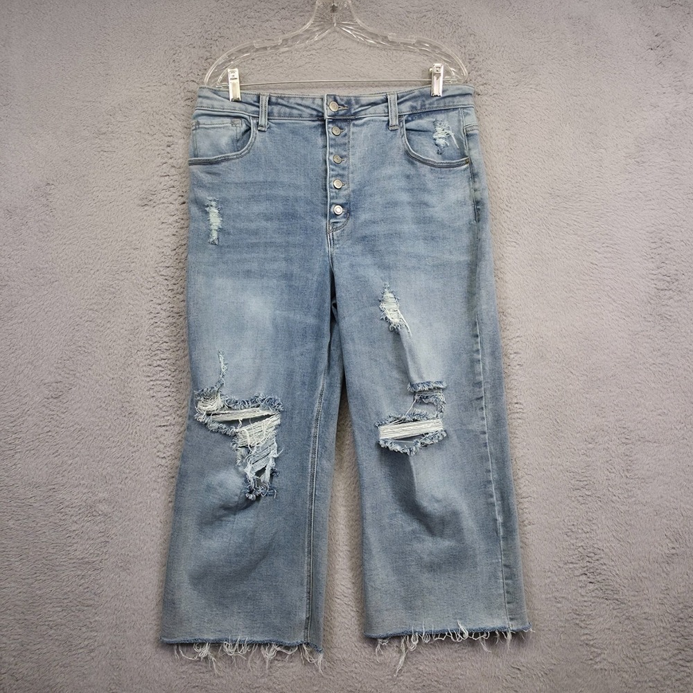Sonoma So Jeans Juniors 17 R Blue High Rise Wide Leg Raw Hem Distressed Baggy